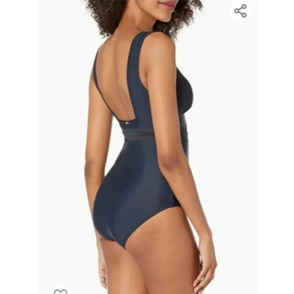 Tommy Hilfiger ​Mesh Insert Plunge Navy One Piece Swimsuit Women's Plus Size 16